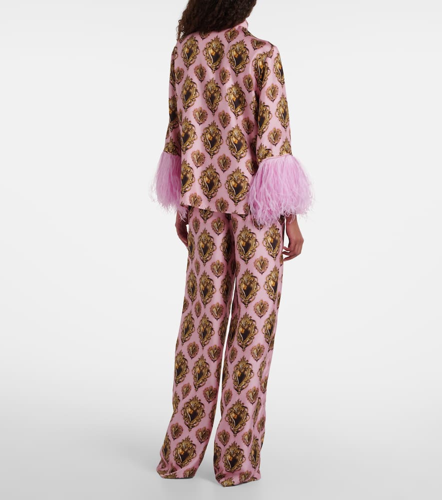 Feather-trimmed printed silk blouse