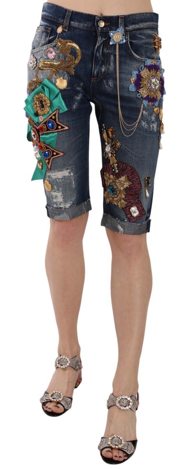 Hand-Embellished Crystal Denim Short Trousers — Blue