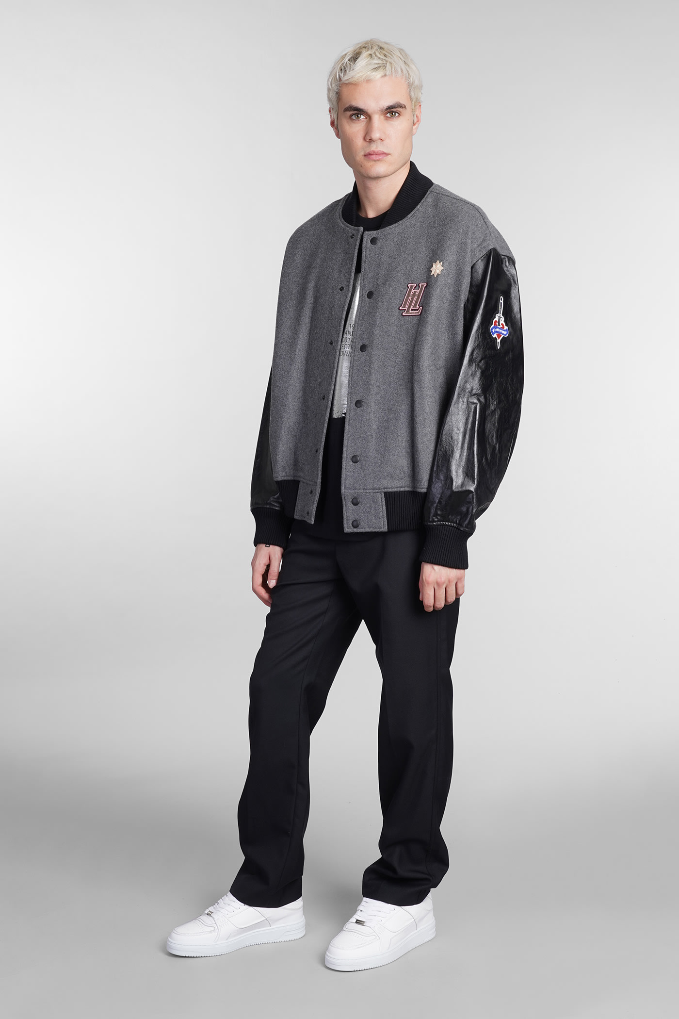 Bomber In Grey Leather And Fabric
