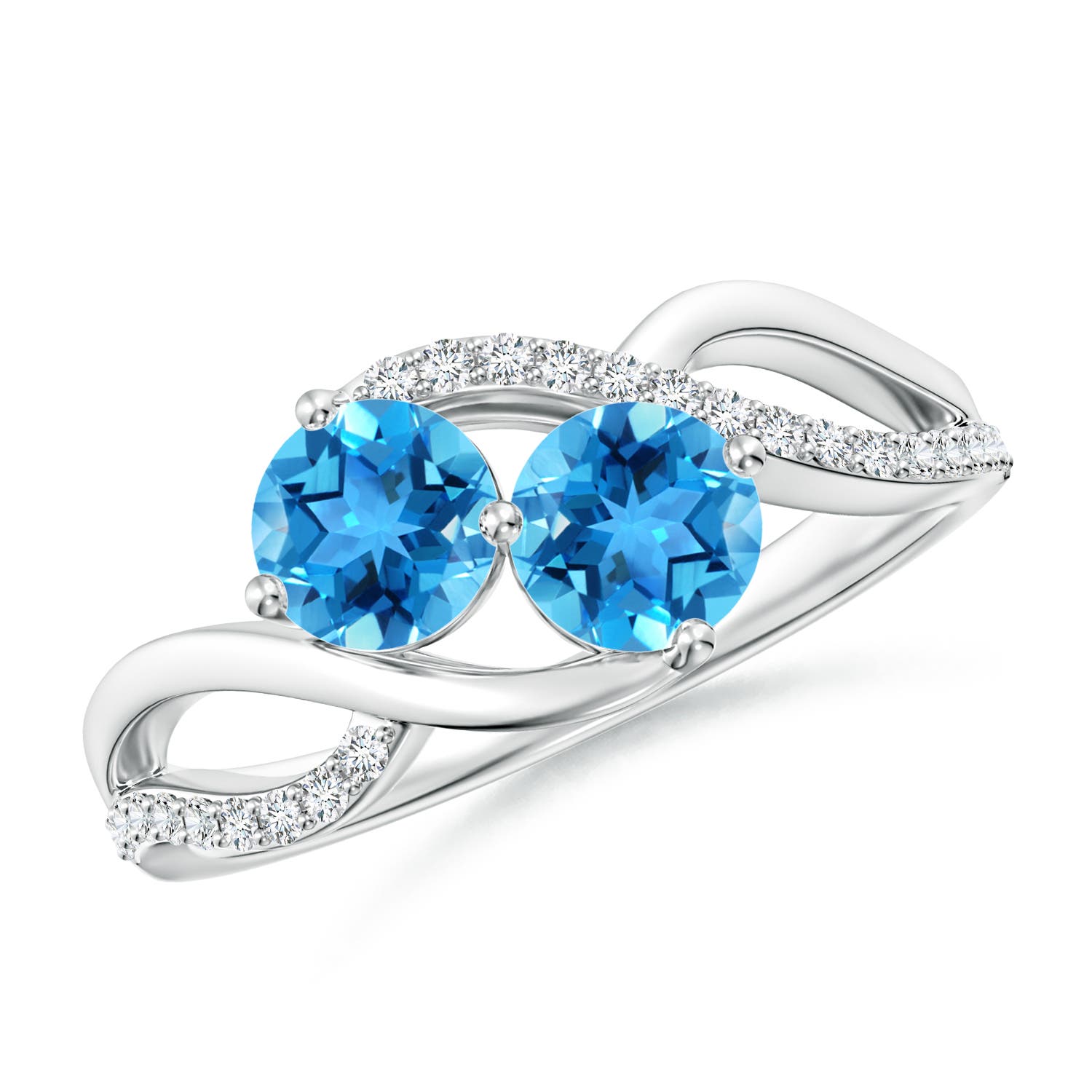 Angara 1.2 Carats Round Swiss Blue Topaz Two Stone Bypass Ring with Diamonds in Silver