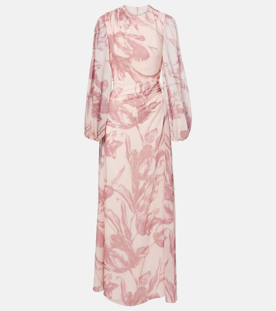 Draped floral silk voile gown