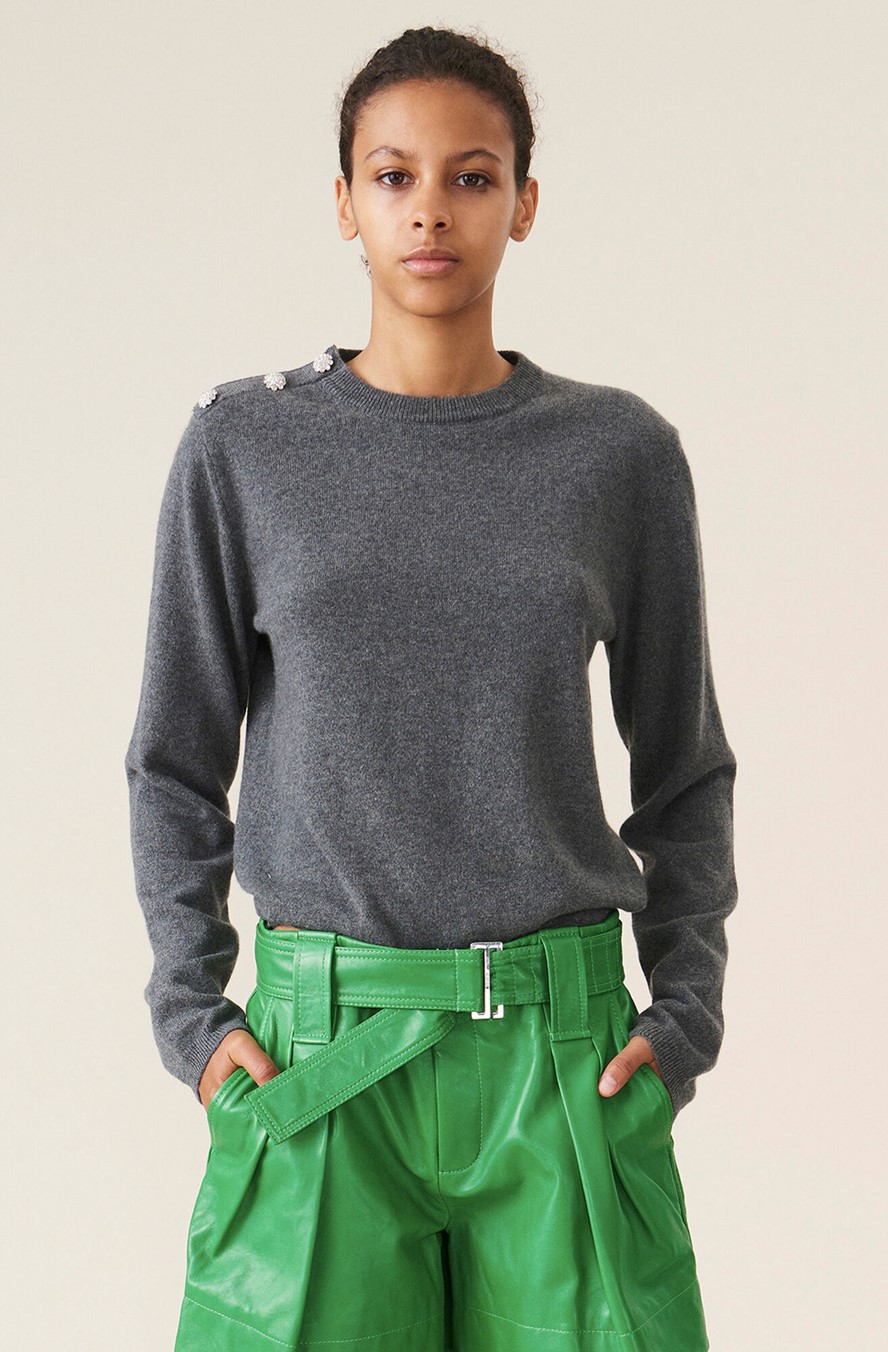 Crystal button long sleeve jumper - Grey