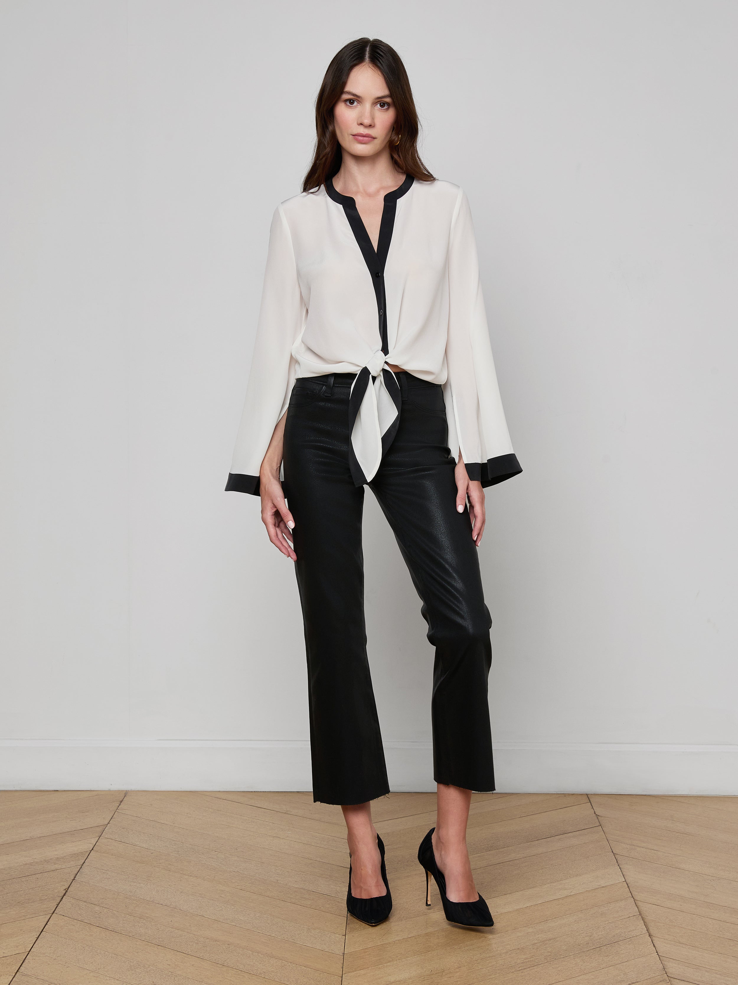 Charlize Silk Blouse Top In Ivory/black