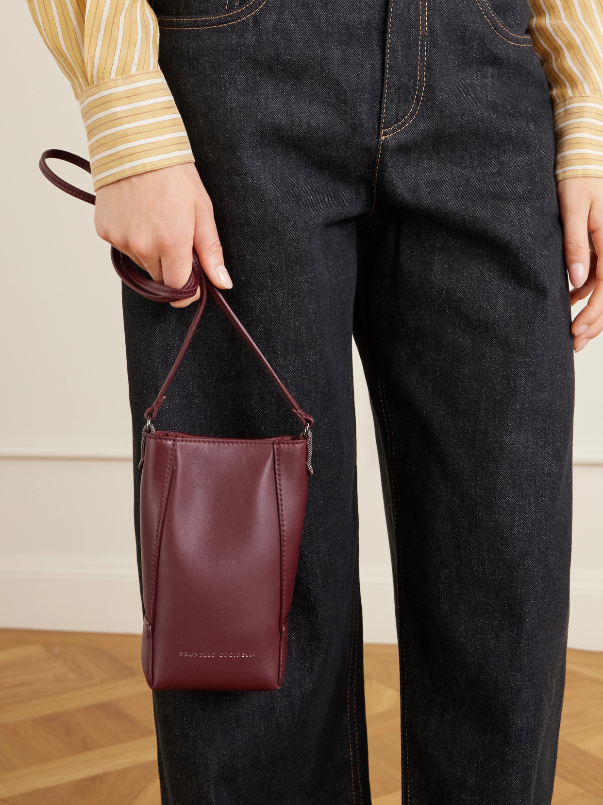 Bead-embellished Leather Pouch - Burgundy