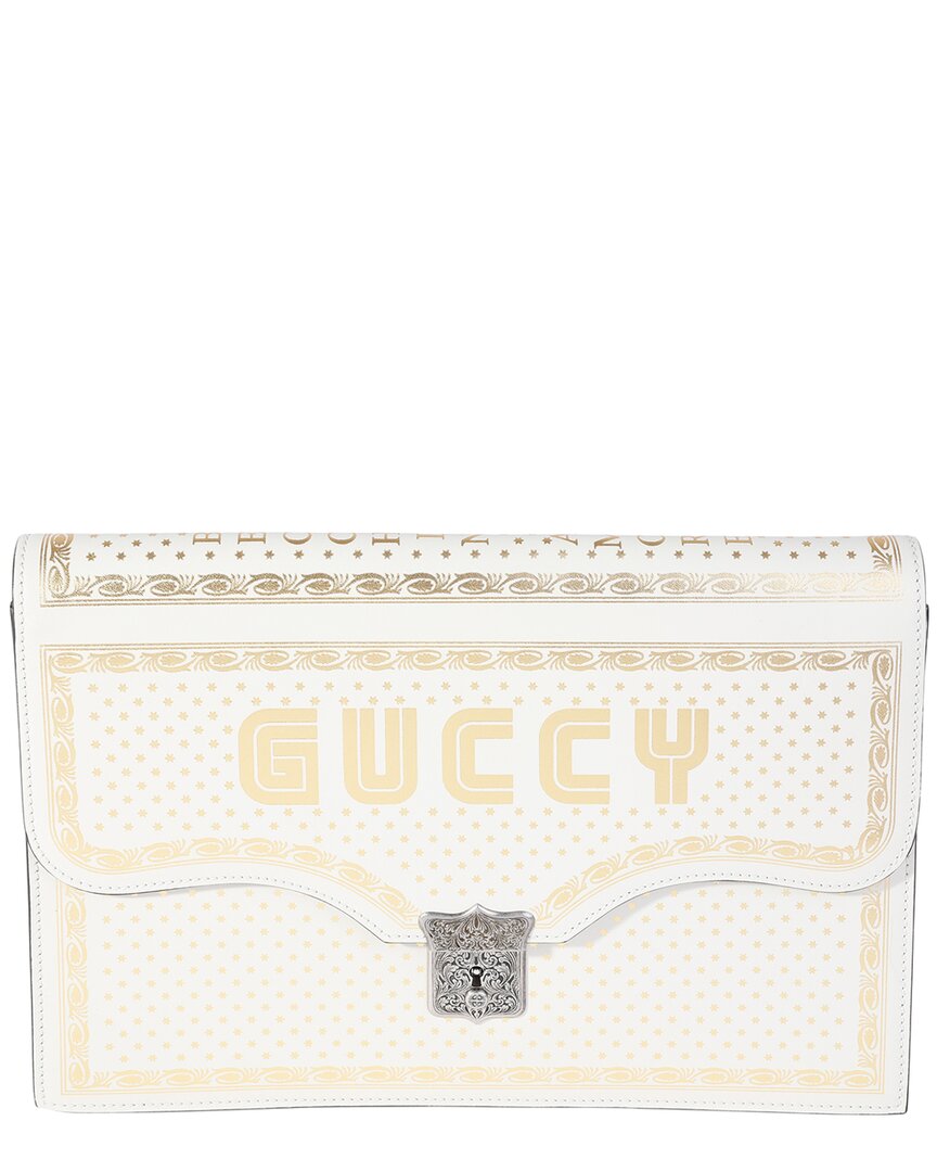 Gold, Metallic, White Printed Calfskin x Sega GUCCY Portfolio Clutch  (Authentic Pre-Loved)