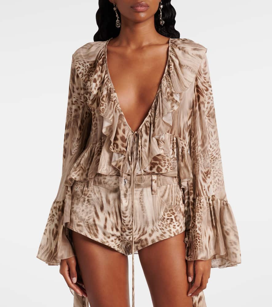 Ruffled leopard-print chiffon top