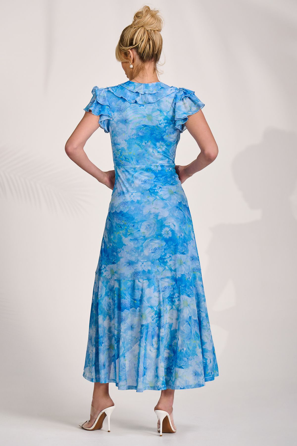 Jolie Moi Women's Ruffled Mesh Maxi Dress in Blue