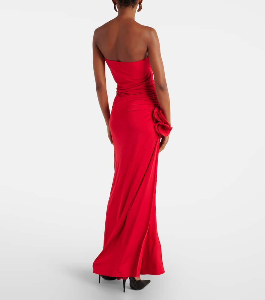 Floral-appliqué ruched jersey maxi dress