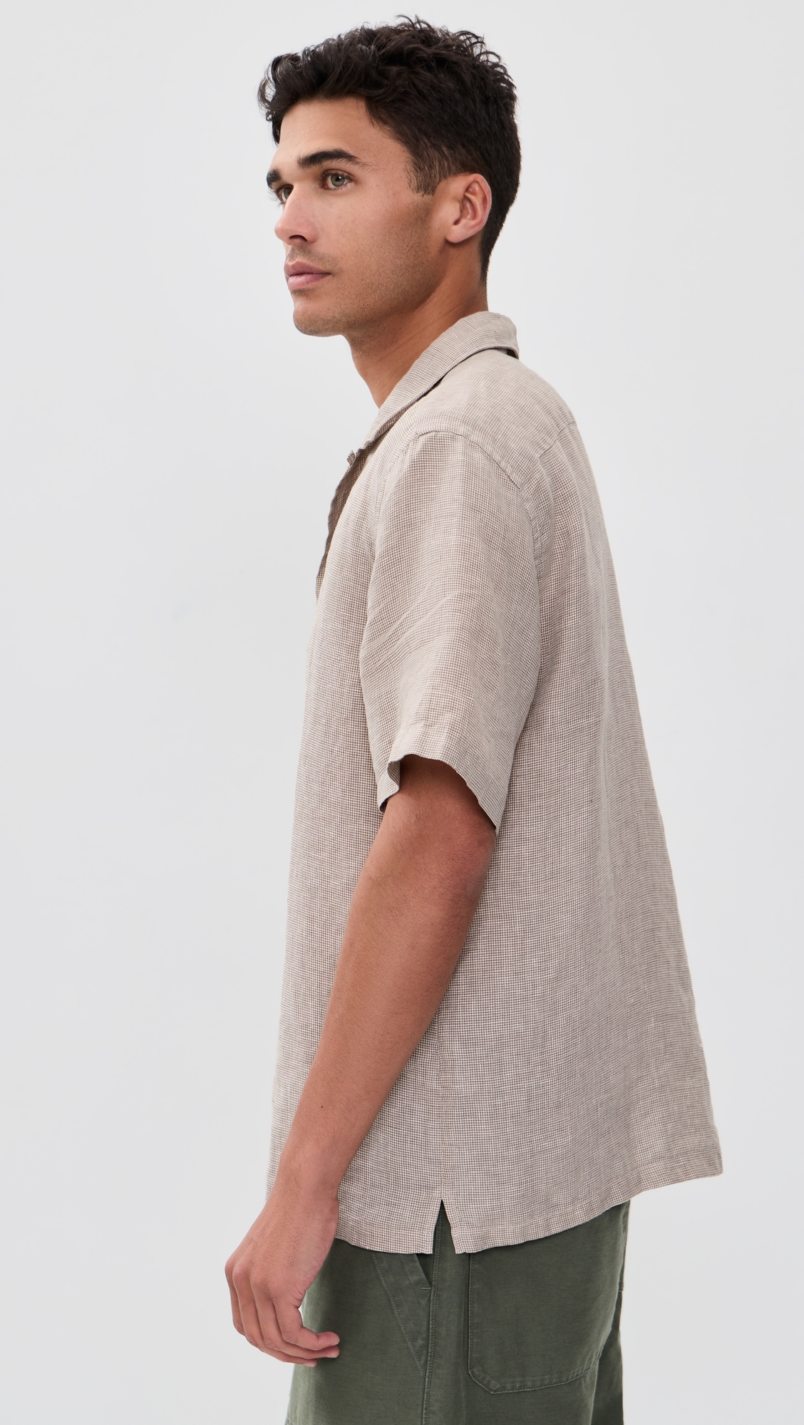 Short Sleeve Laguna Linen Camp Shirt Khaki Pincheck