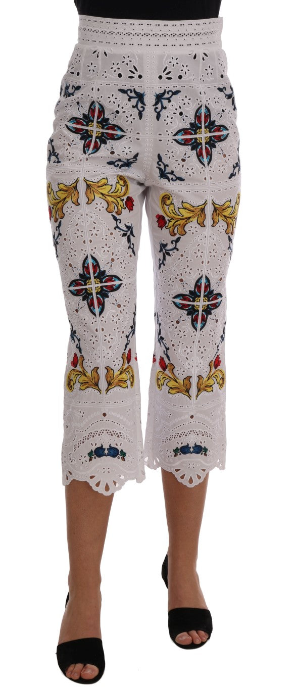 Majolica-Embroidered Cutout Capri Pants — White