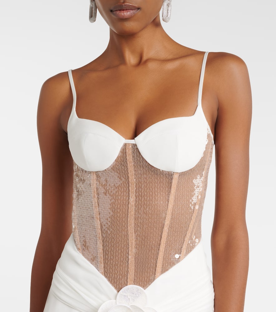Floral-appliqué sequined bustier gown