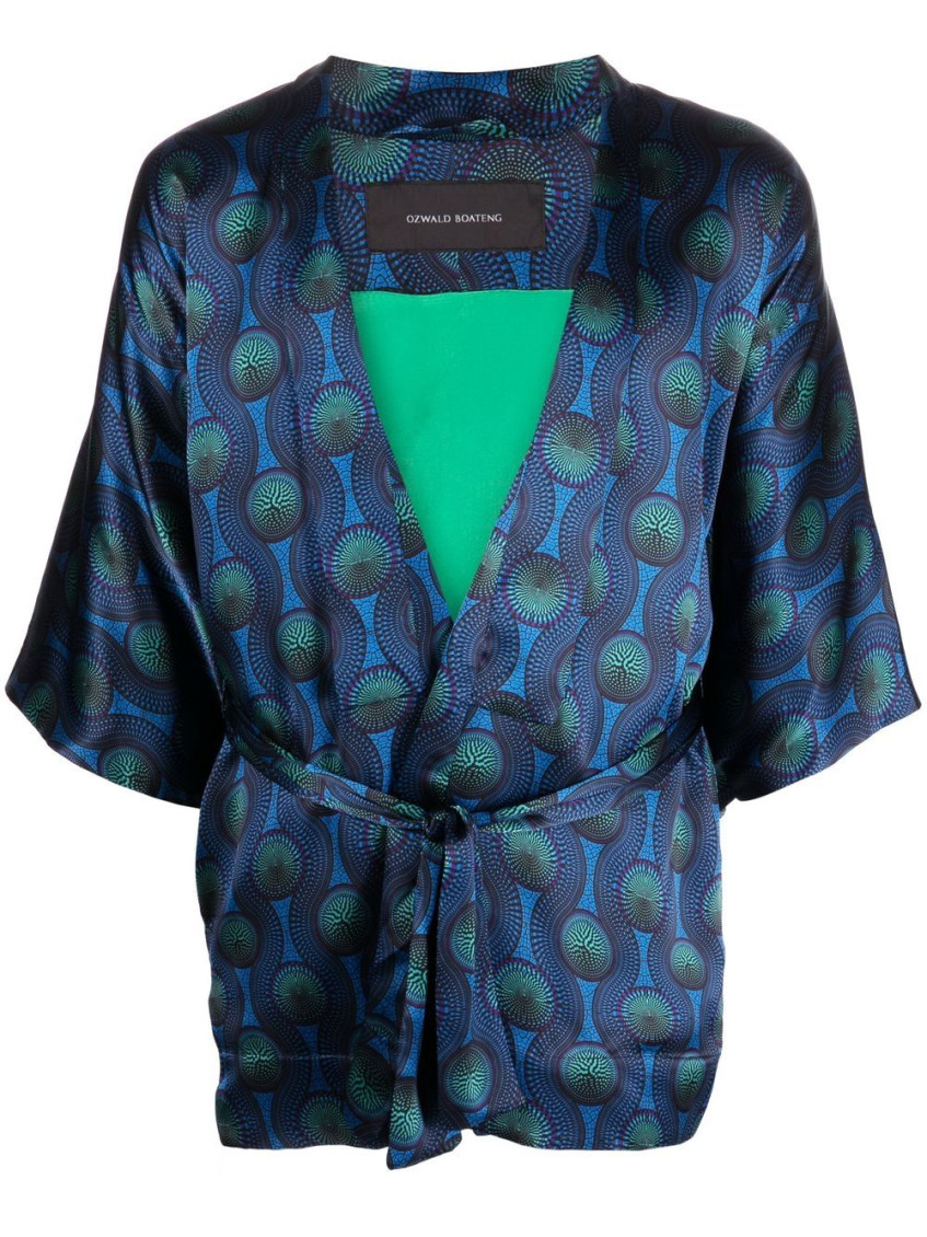 - Printed Silk Short Kimono