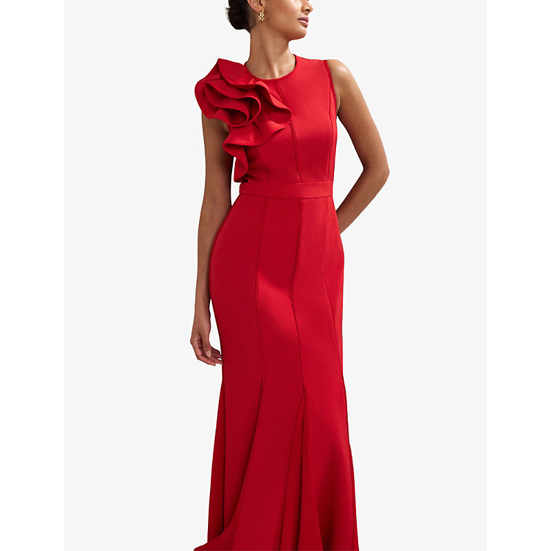 Womens Tyra Ruffle-Neck Sleeveless Stretch-Woven Maxi Dress