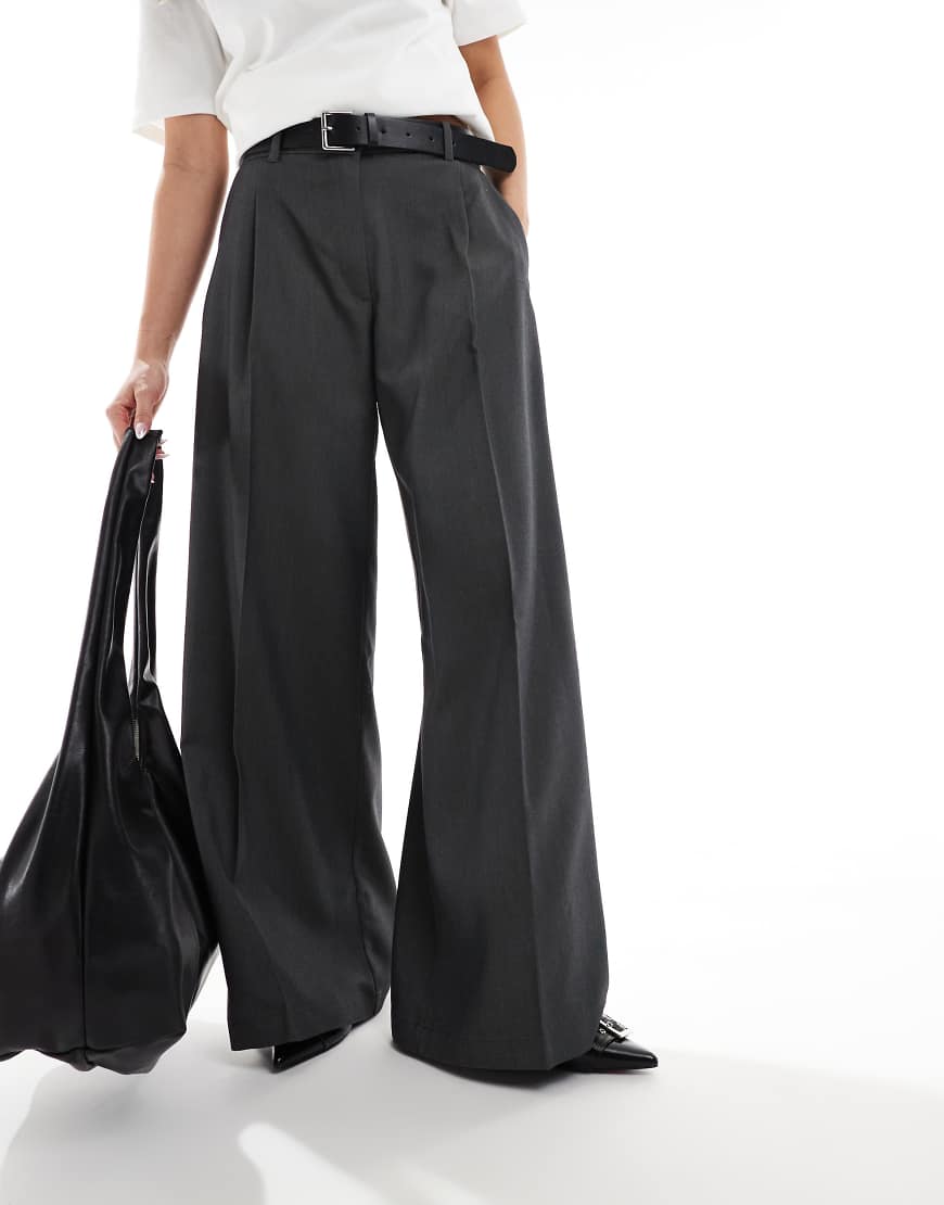 Monki high waist wide leg tailored pants in dark gray melange