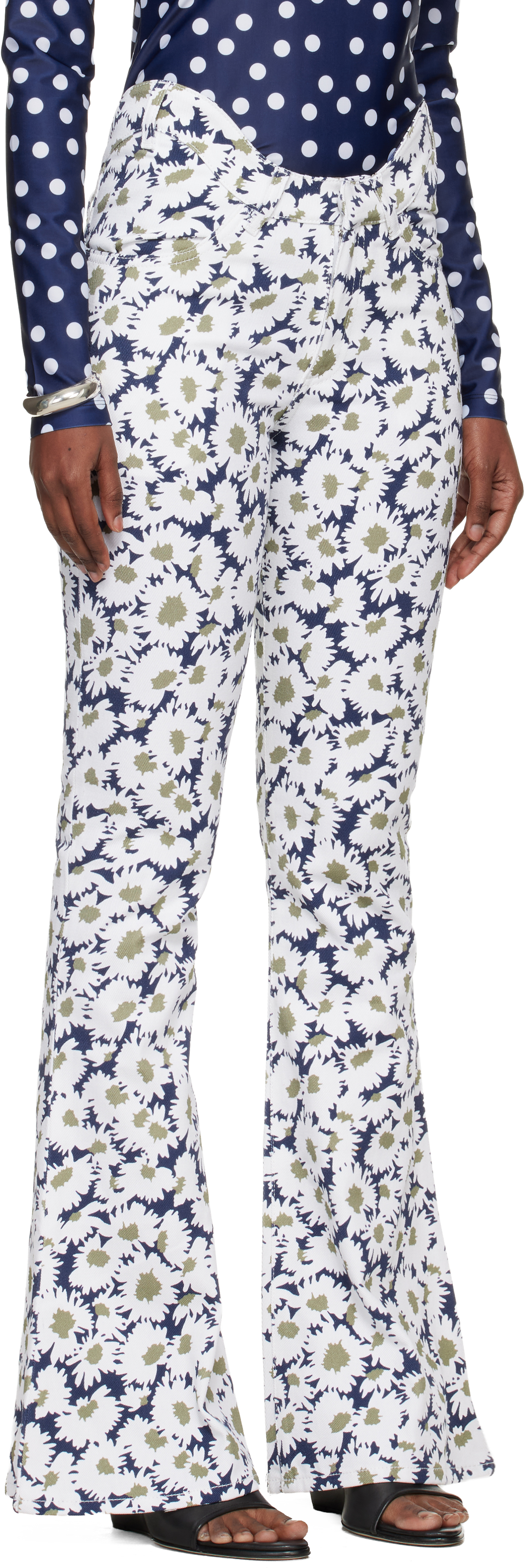 White & Navy 'The Curved Flower' Jeans