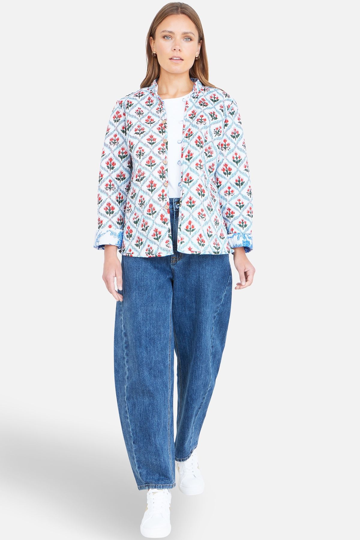 Yumi Blue Palm Reversible Cotton Quilted Jacket In Bright Blue