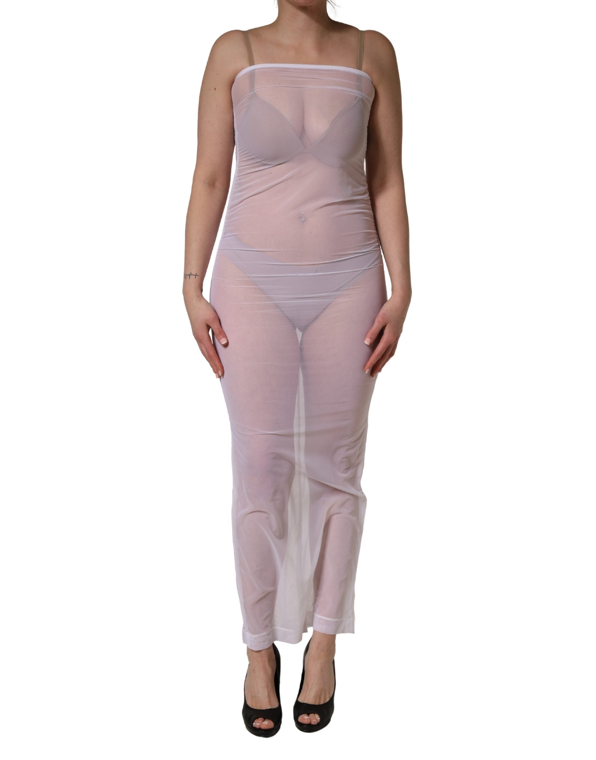 Sheer Nylon Stretch Sheath Dress — White