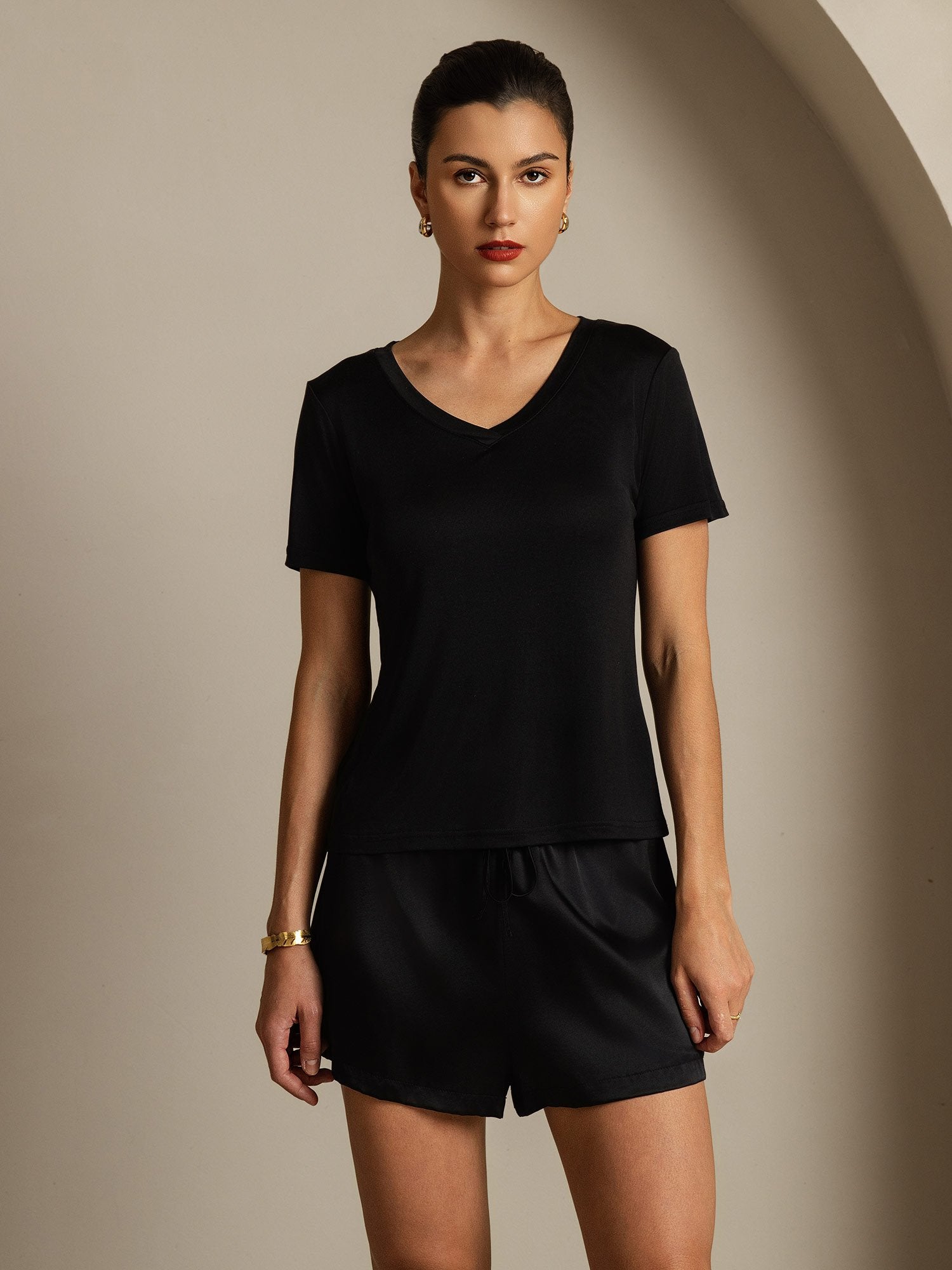 Pure Silk V-Neck Short Sleeves Women's T-Shirt