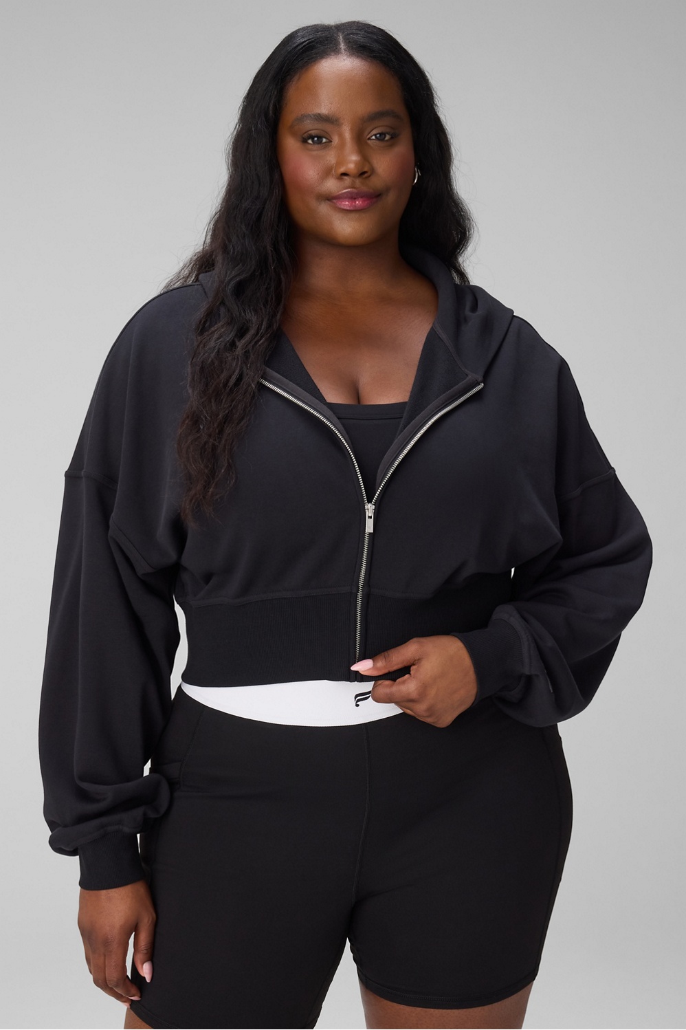 Fabletics Women's Year Round Terry Cropped Full-Zip Hoodie Black Plus XXL/1X