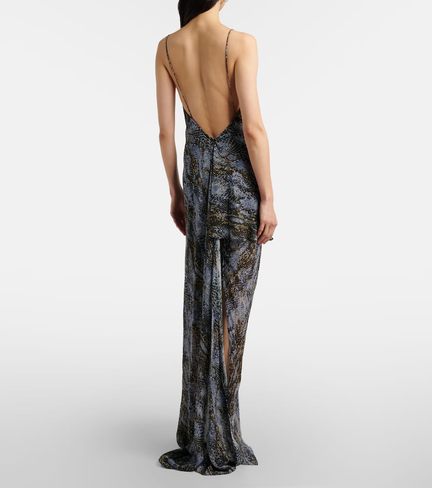 Snake-print draped silk maxi dress