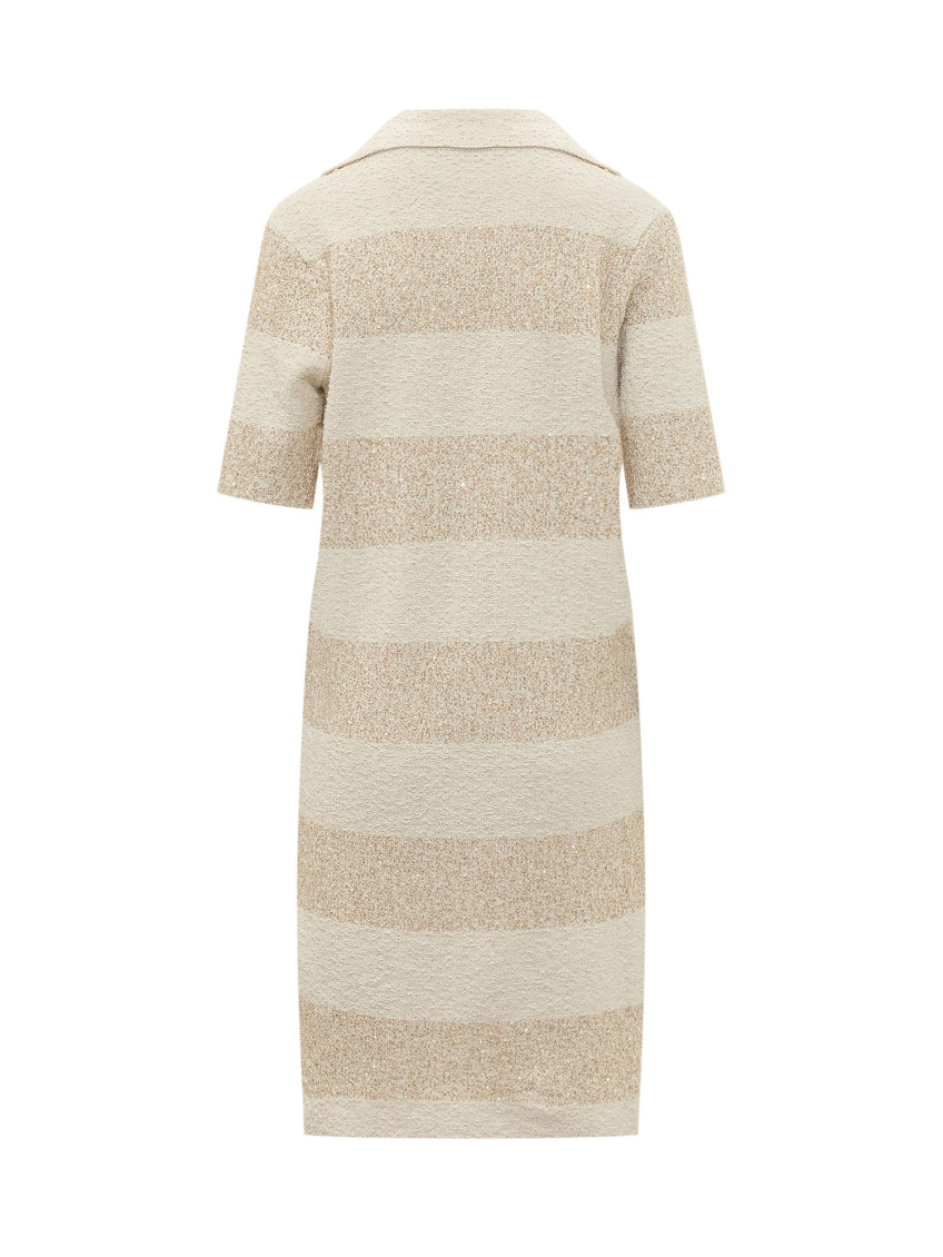 Beige Stripes V Neck Midi Dress