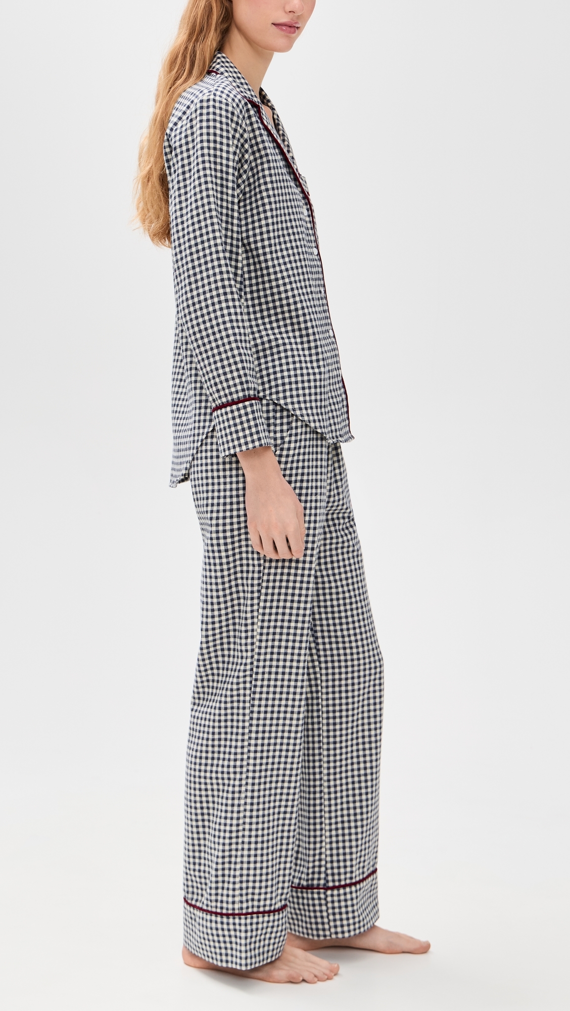 Flannel Gingham Piped Pajama Set Navy Gingham