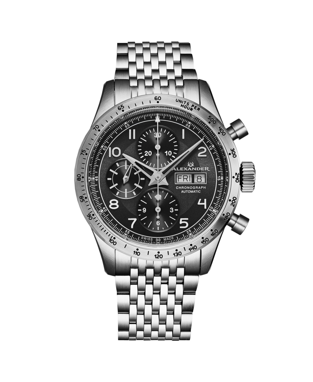 Men's Megalos Silver-tone Stainless Steel , Black Dial , 51mm Round Watch - Silver-tone