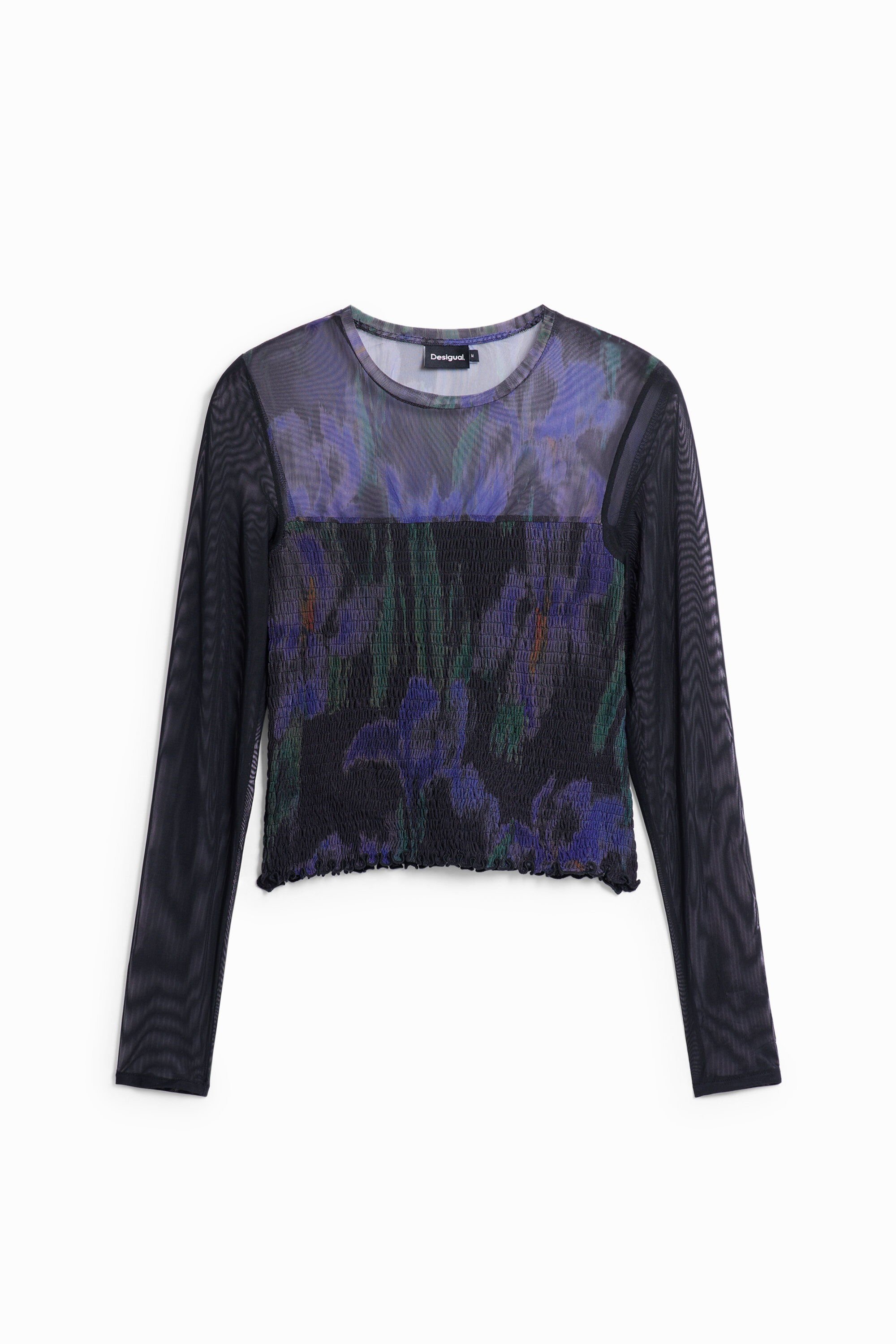 Long-sleeve tulle shirt with ruching