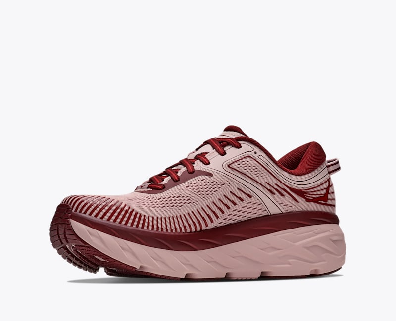 HOKA Women's Bondi 7 Shoes in Pink Opal/Varsity Burgundy