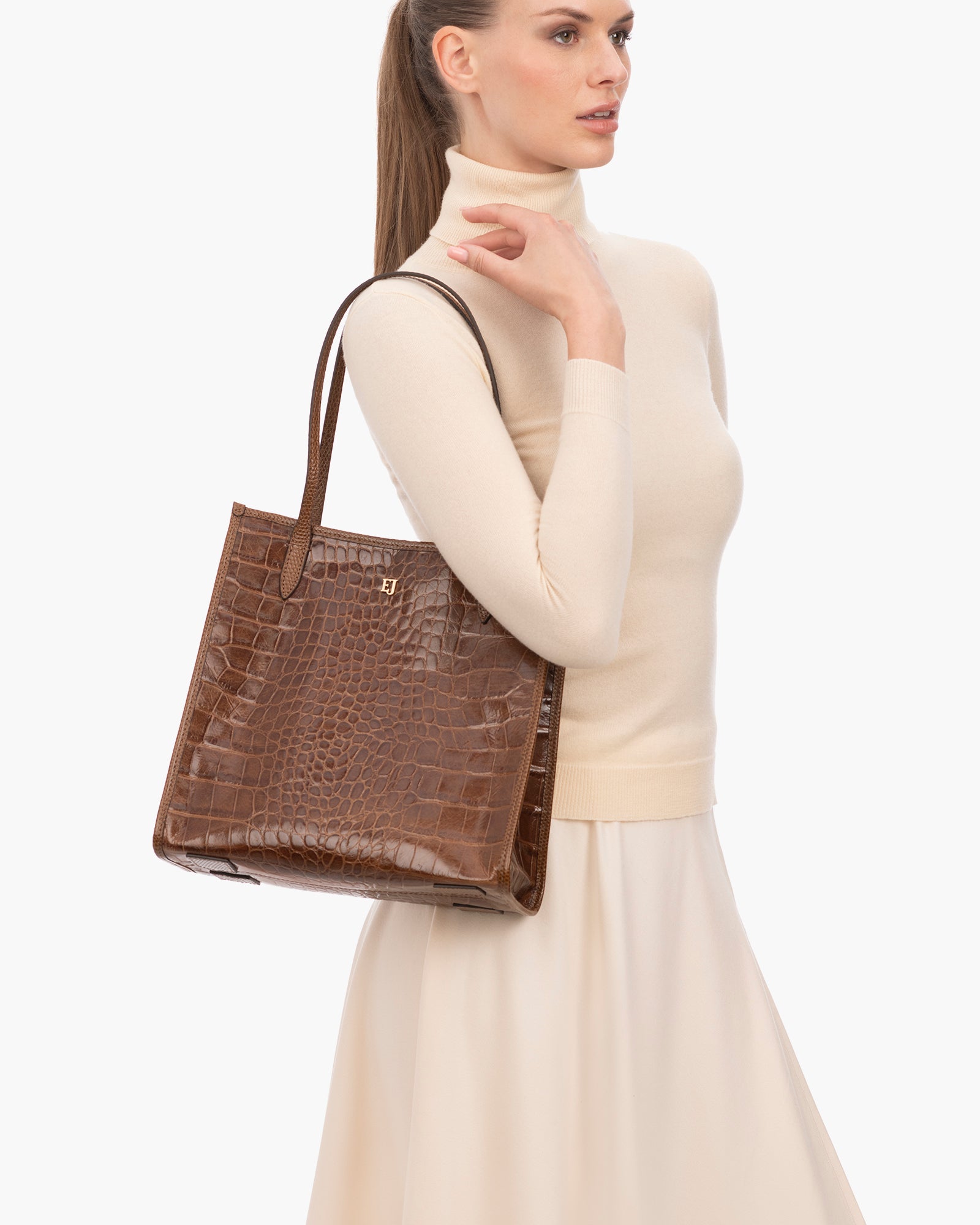 Baxter Embossed Leather Shoulder Bag for Women - Taupe, Zip Top Closure, Outer Pocket