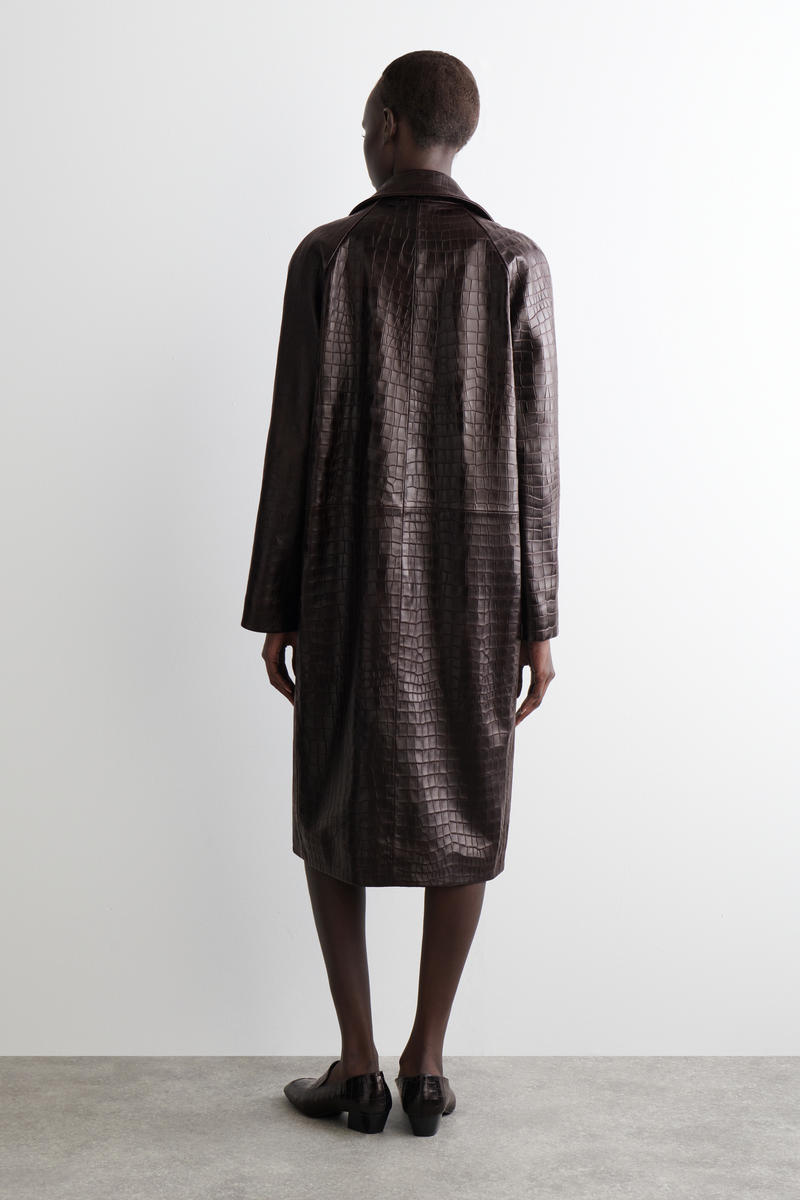 Croc-Effect Leather Long Coat
