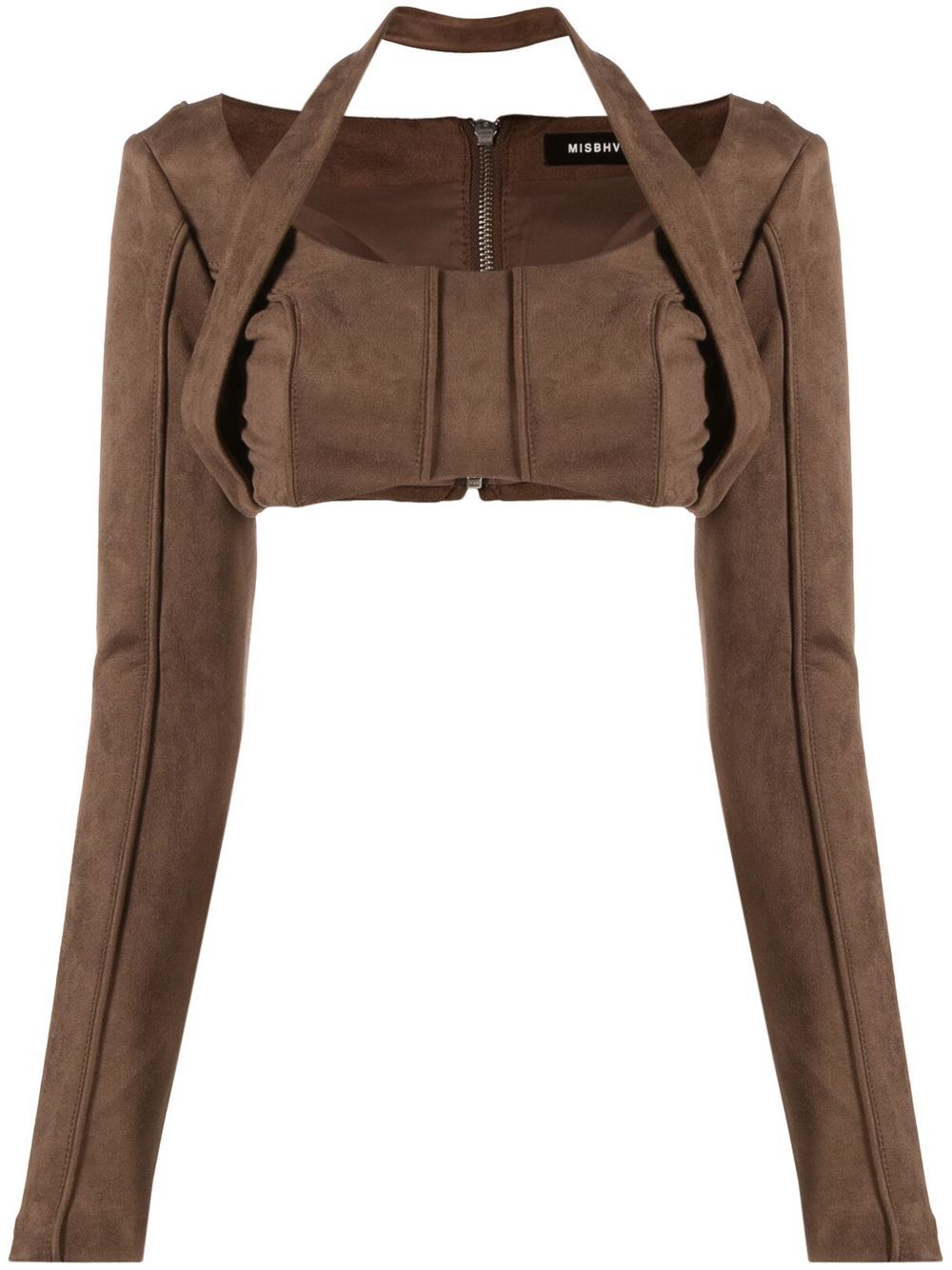 Faux-suede long-sleeved crop top - Brown