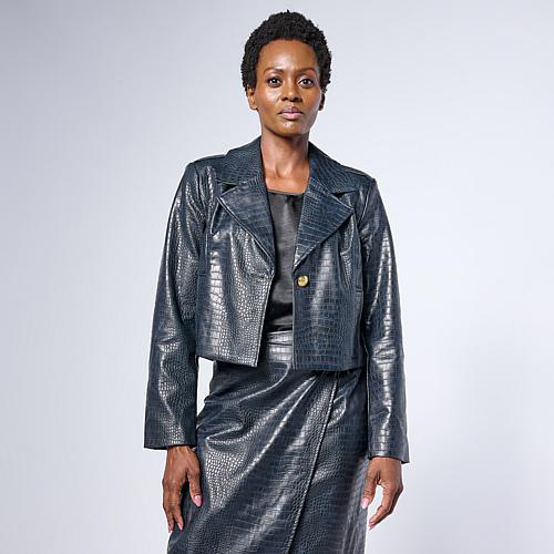 Croco-Embossed Faux Leather Cropped Jacket - Black