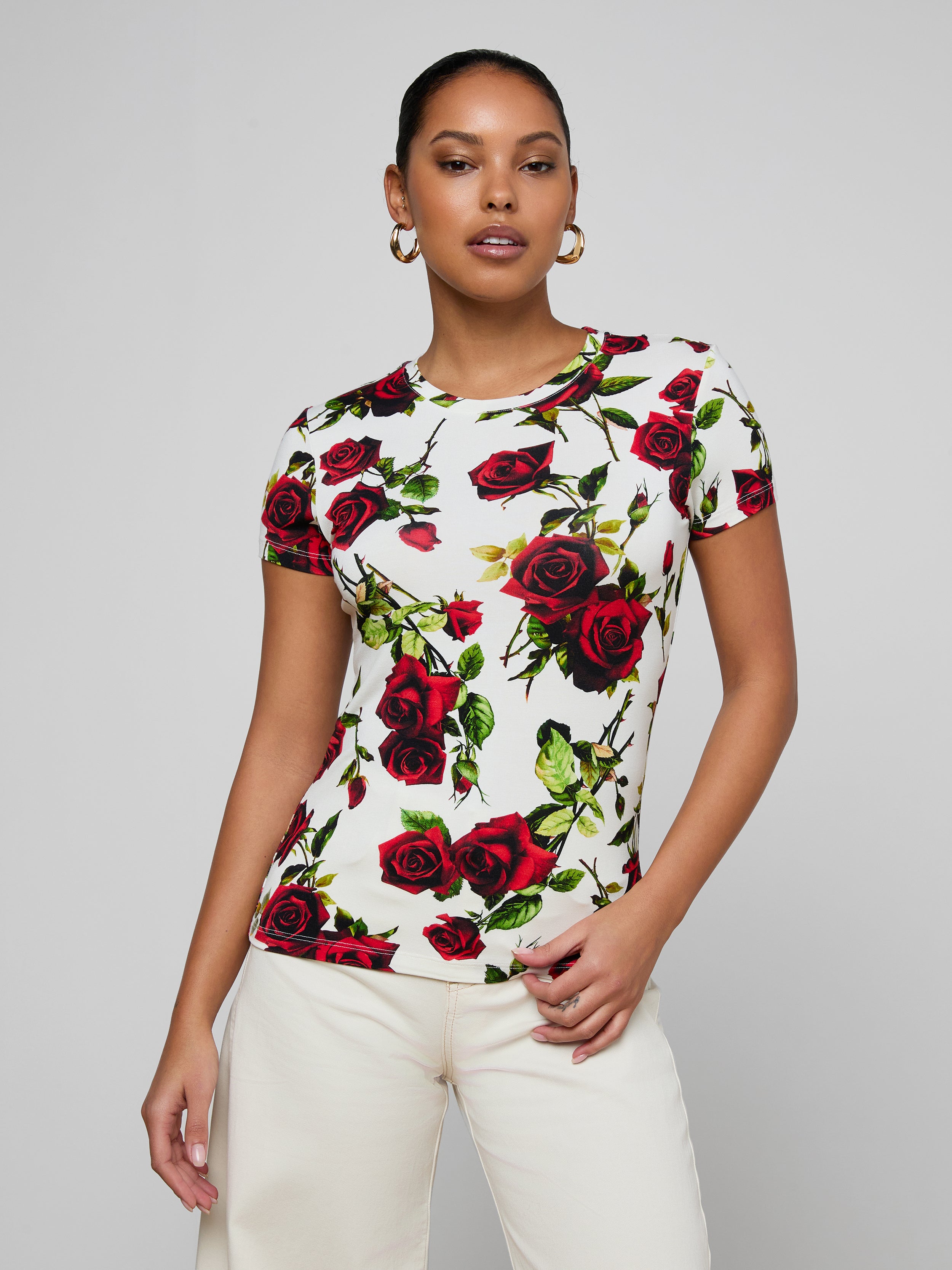 Ressi Fitted T-Shirt In White/red Romantic Rose