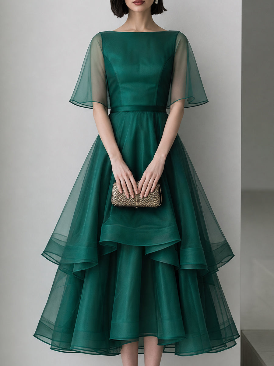 Sheer Cape Sleeve Layered Organza High-Low Midi Dress - Green