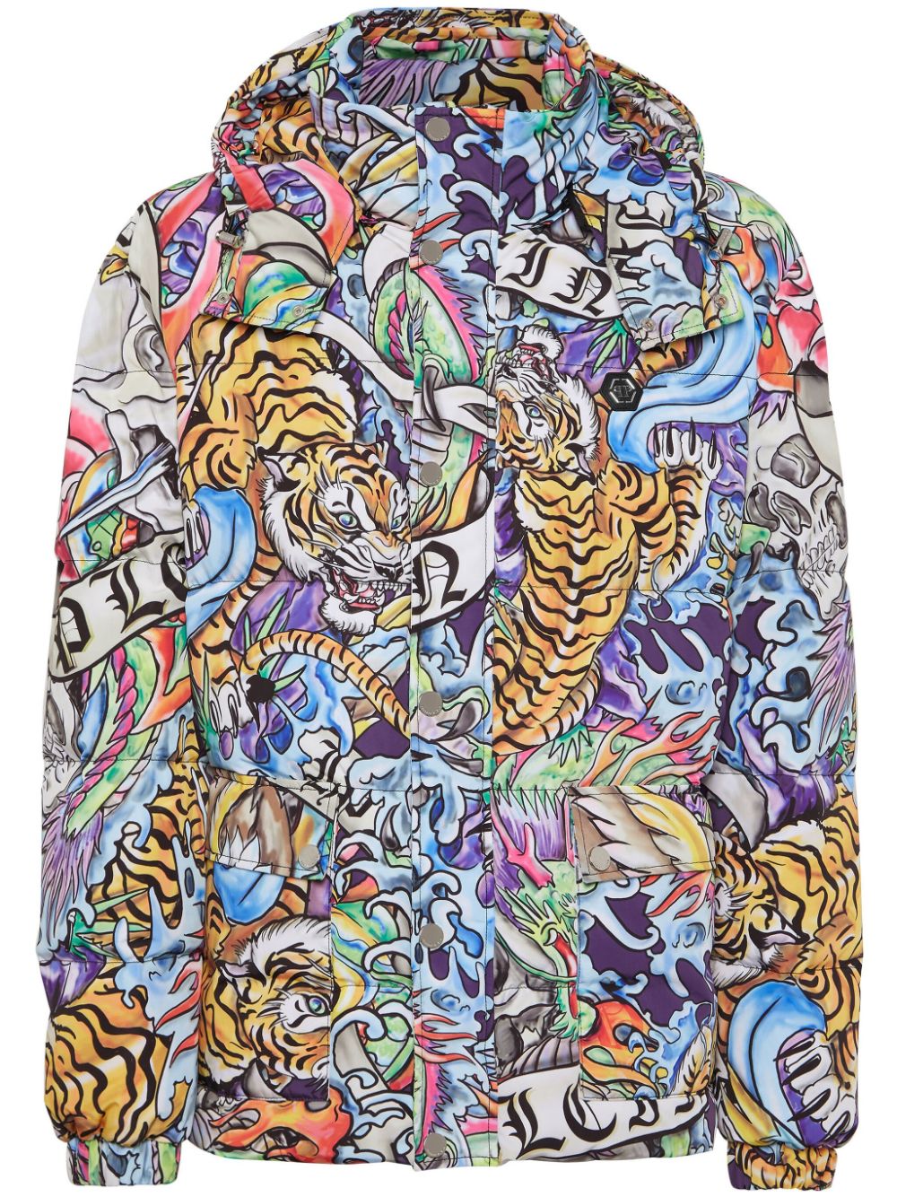 Tattoo-print hooded puffer jacket - Blue