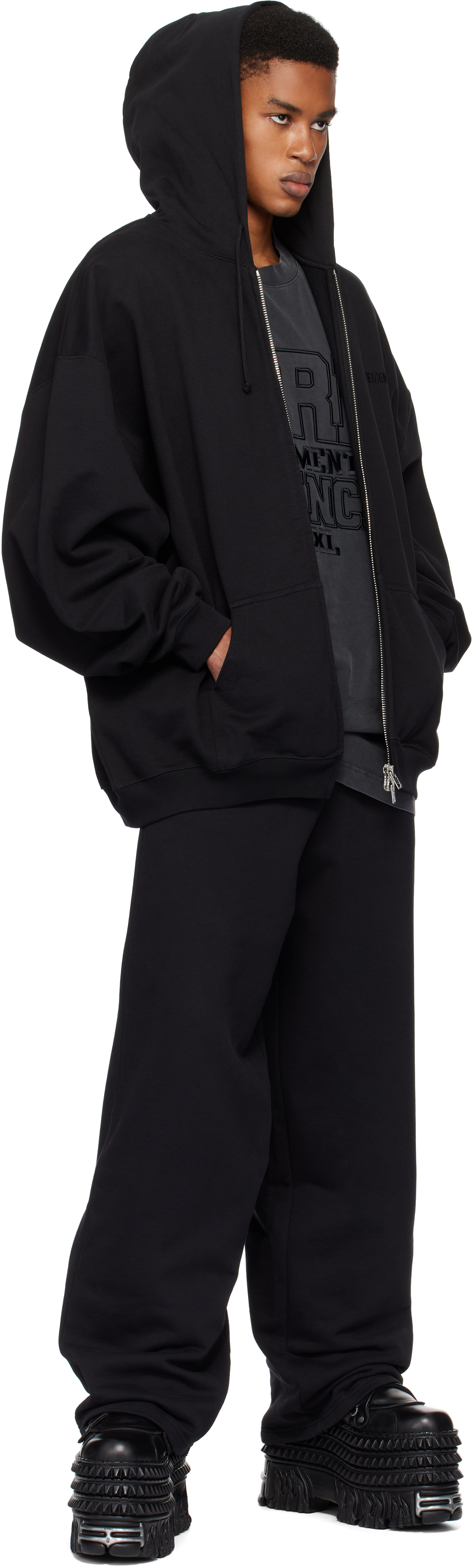 VETEMENTS Black Embroidered Logo Oversized Zip-Up Hoodie