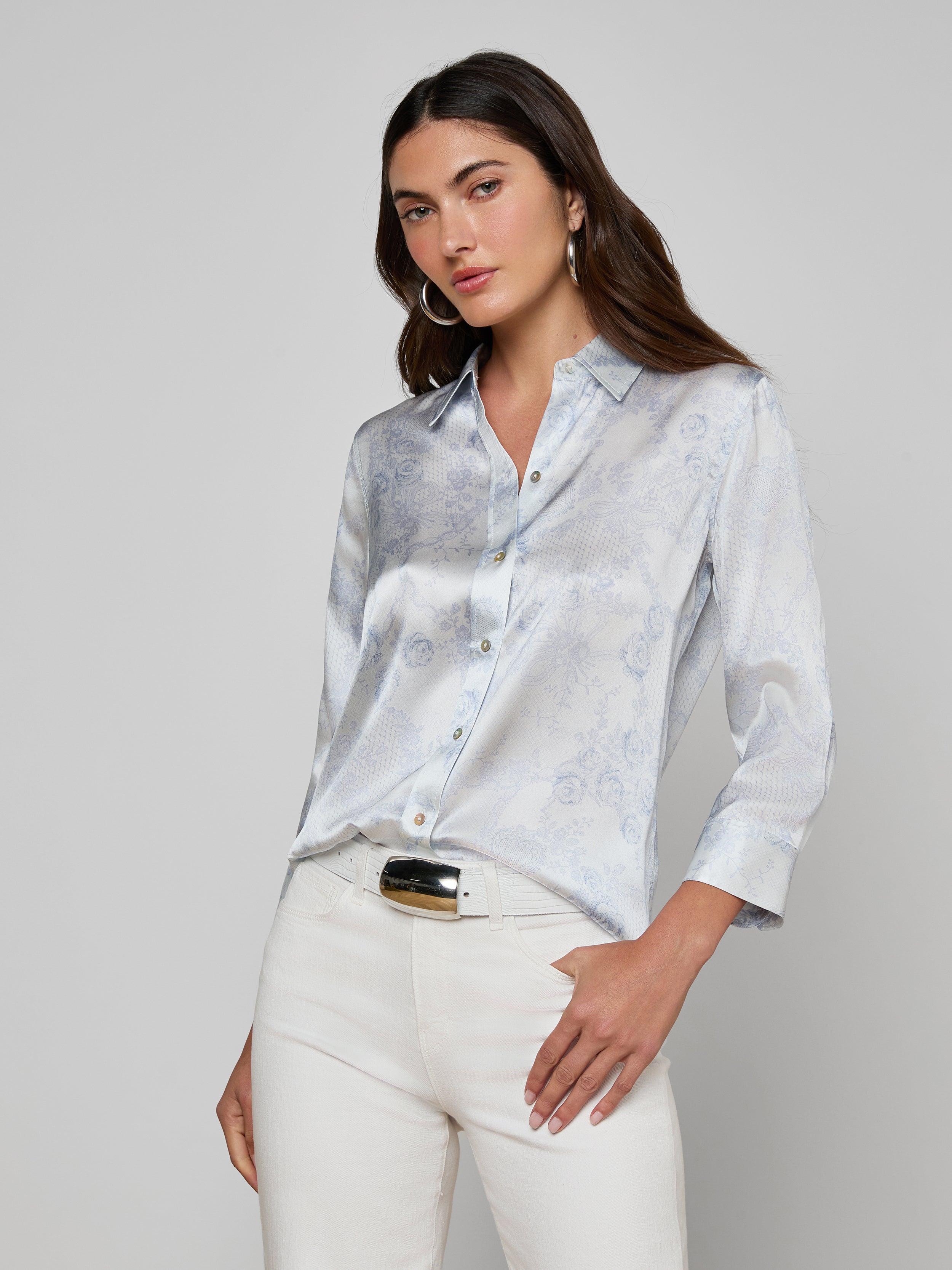 Dani Silk Blouse Top In Ivory/pale Mist Blue Lace Print
