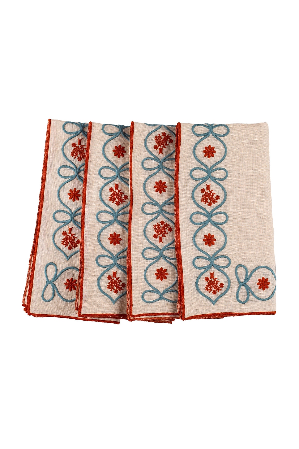 Misette Embroidered Linen Napkins Set in Floral Red & Green - Beige. a