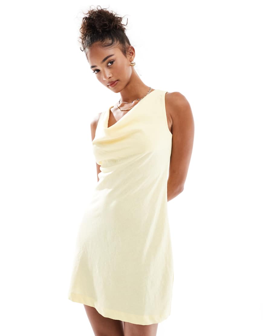 Haven cowl neck linen blend mini dress in lemon-Yellow