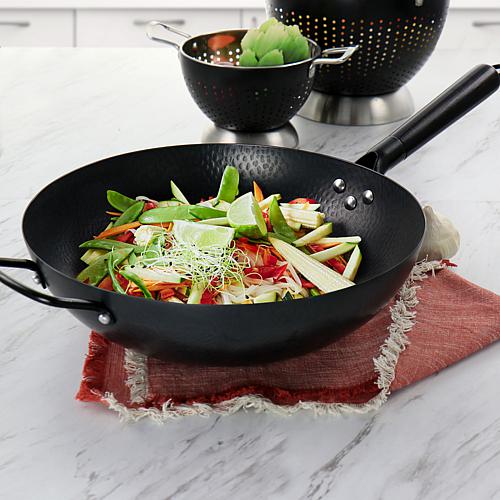 "Home Hammered 13"" Heavy Gauge Carbon Steel Wok in Black"
