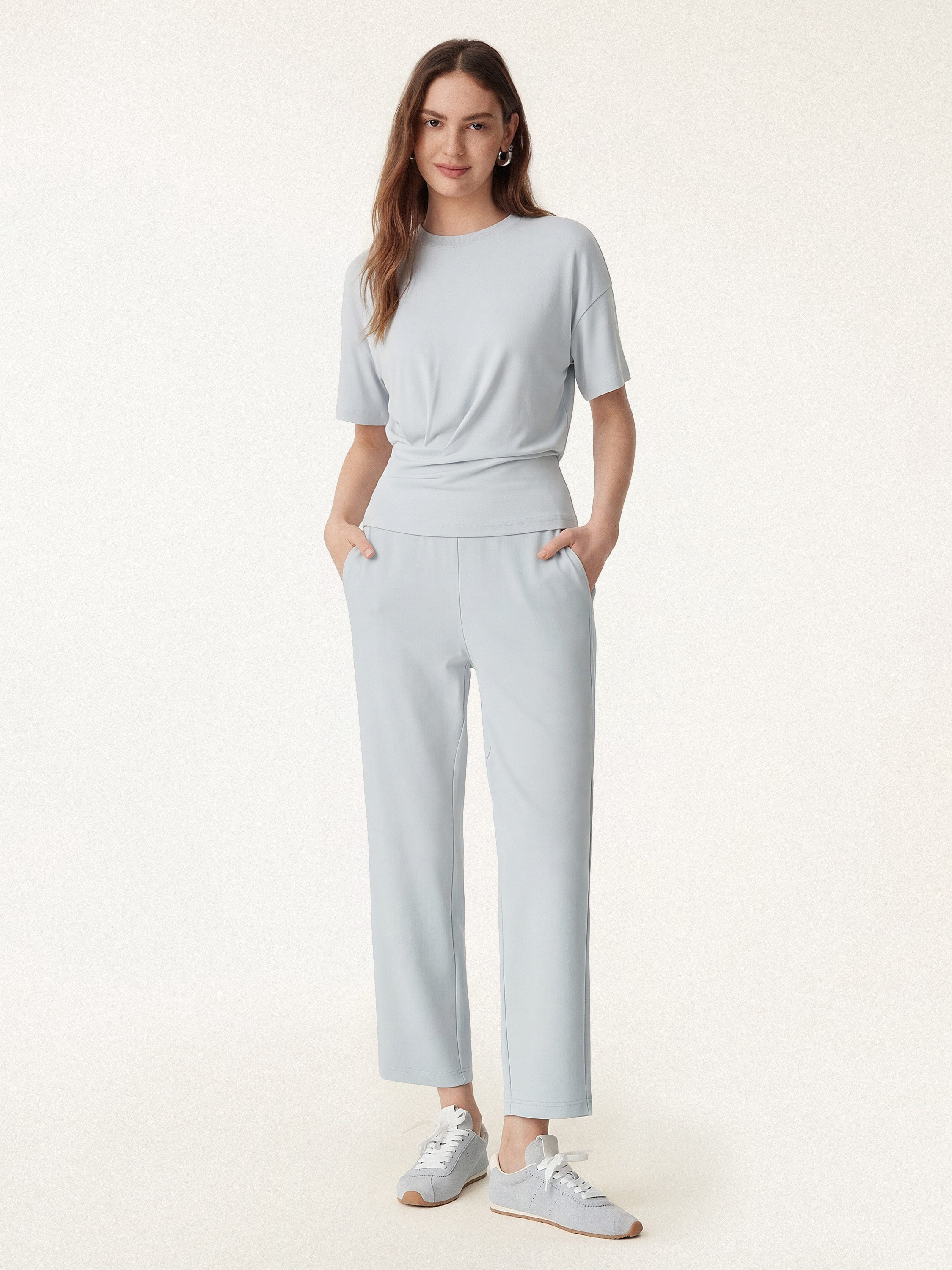 2Pcs Set Crewneck Tucked Tee & Mid Rise Tapered Pants with Pockets - Smoke Blue/Smoke / XS