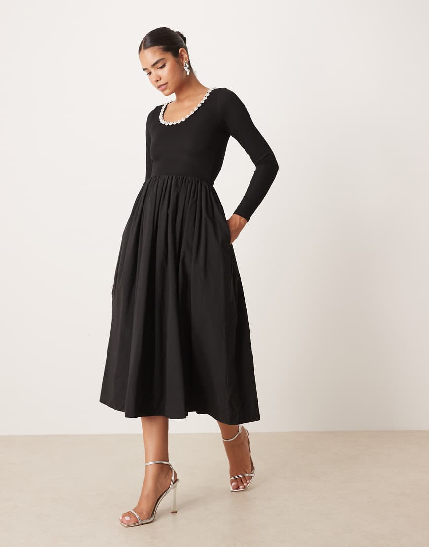 Embellished scoop ribbed jersey mix midi dress with full skirt in black