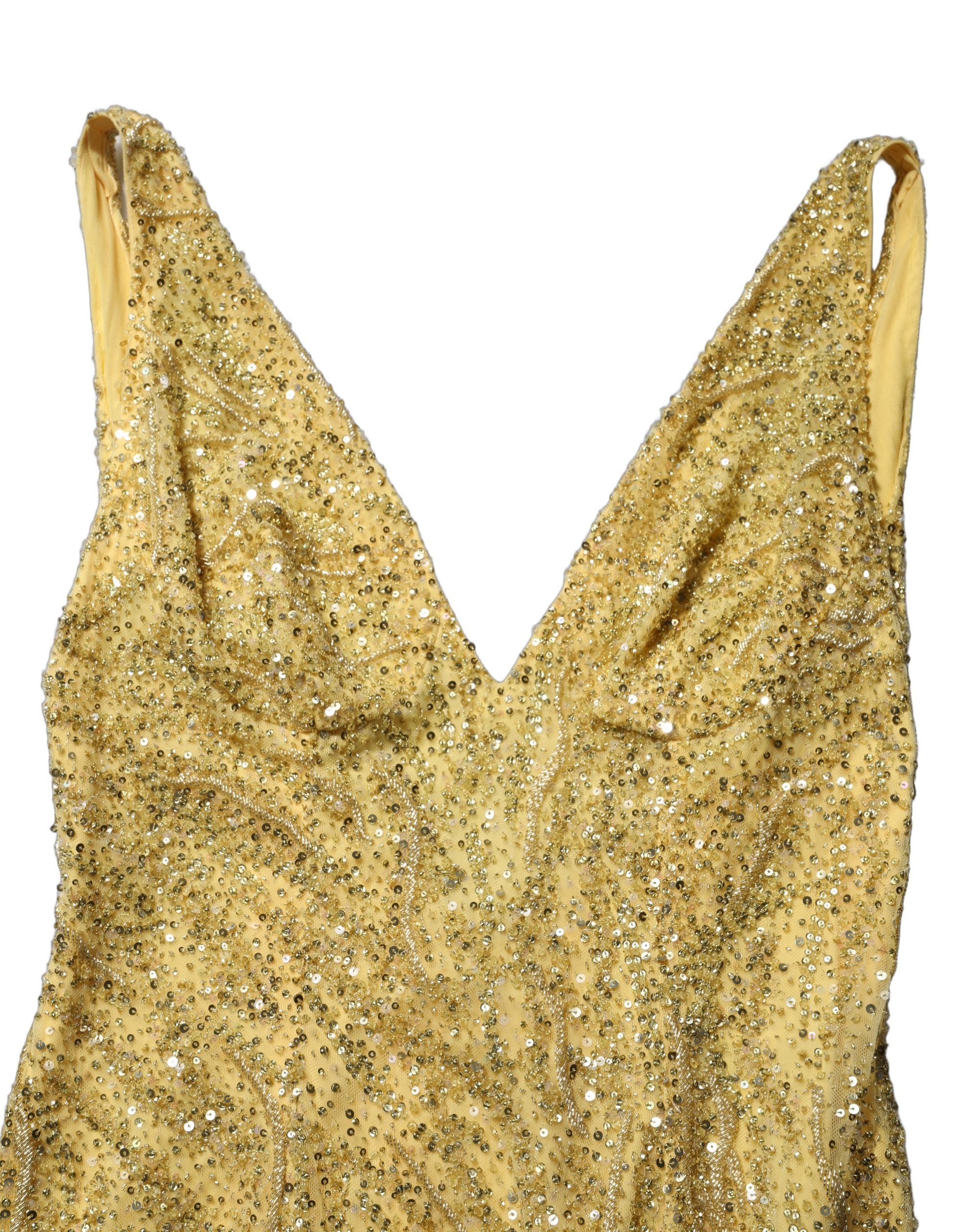 Sequinned V-Neck Gown — Gold