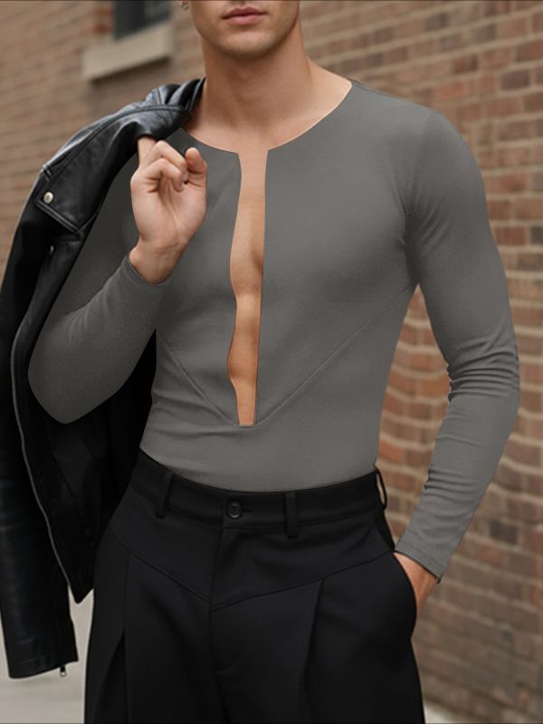 Men's Cutout V Neck Long Sleeve T-shirt SKUL45196 - Dark Gray / S
