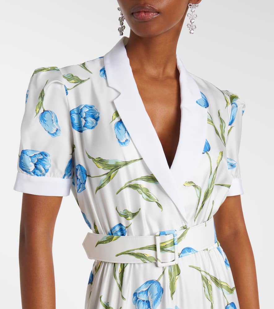 Belted floral silk twill midi dress