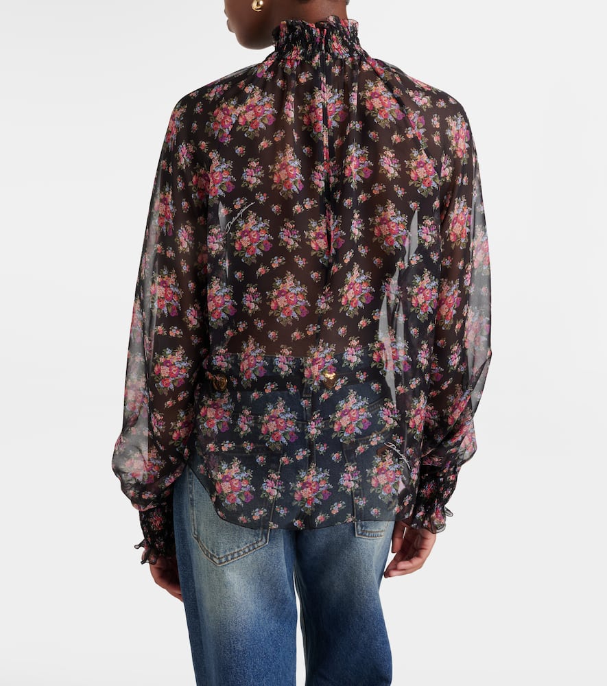 Floral ruffled sheer silk blouse