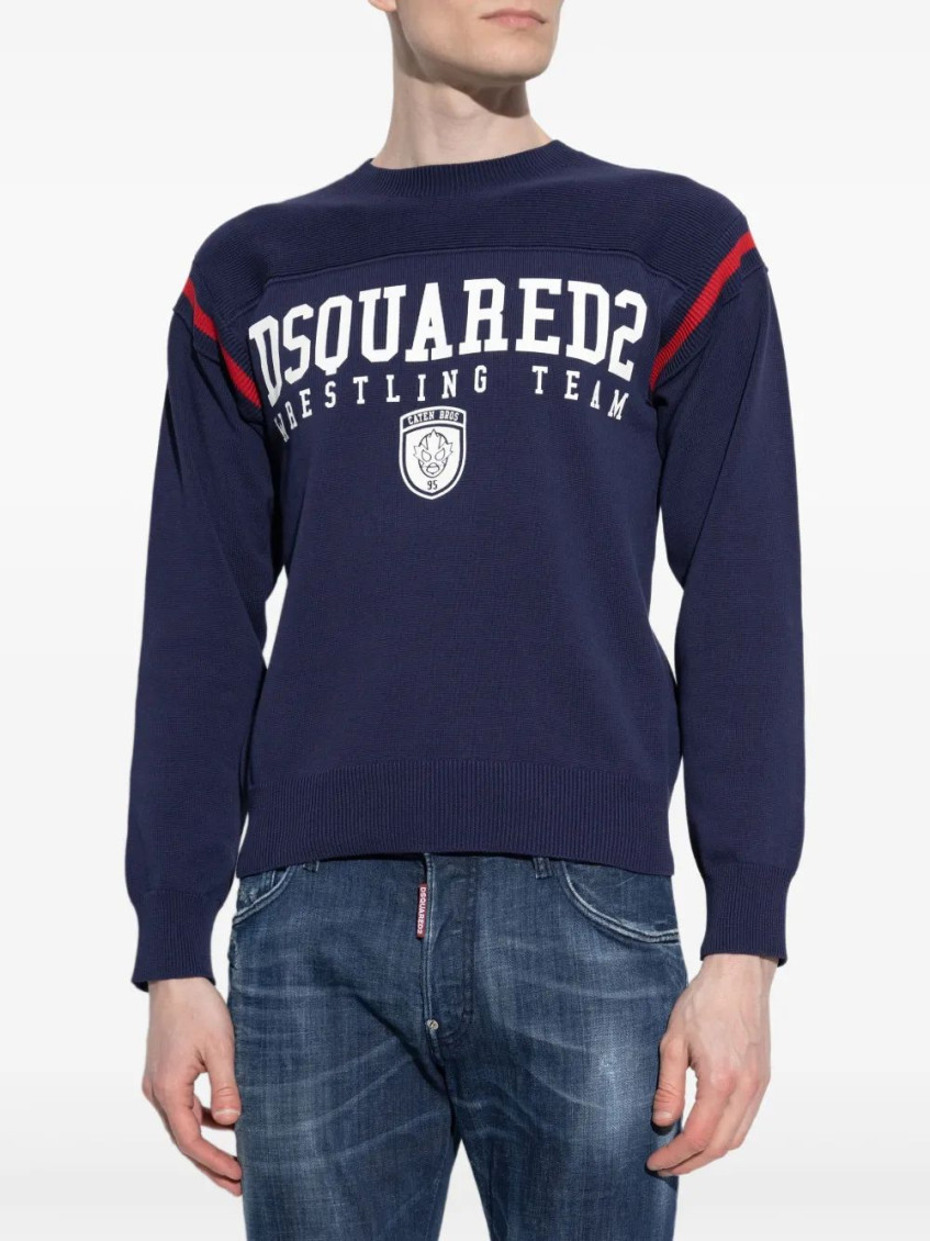 Navy Blue Logo Print Sweater