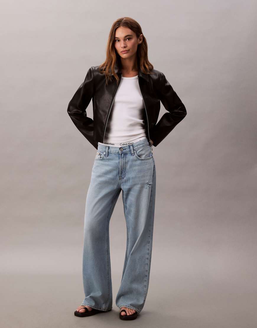 Low rise distressed baggy jeans in sunbleached wash-White
