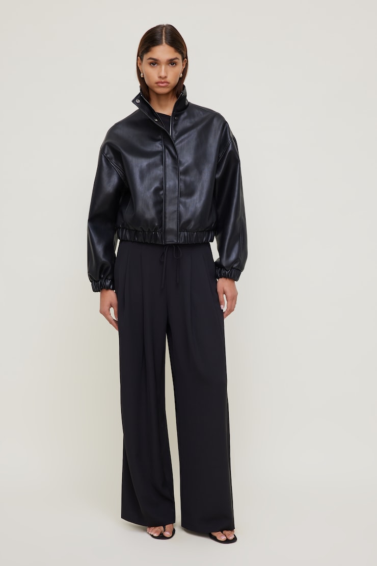 Oversized Faux Leather Bomber Jacket - Black - Women Clothing